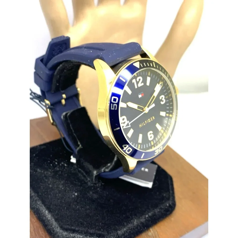 Tommy Hilfiger Men's Watch 1791868 Quartz Gold Blue Dial Rubber Strap 44mm